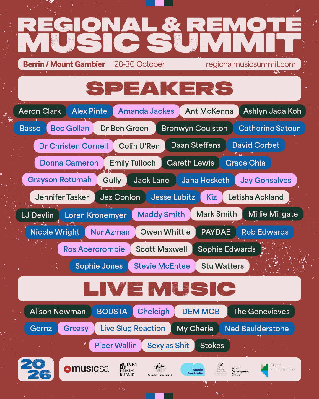 Lineup poster for Regional & Remote Music Summit 2025 in Mount Gambier featuring speakers and live music performers.
